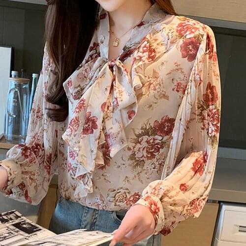 Long Sleeve Blouse Women Blusas Mujer De Moda 2021 Ruffles Bow V-Neck Print Chiffon Blouse Shirt Tops Blusa Women Clothing D818