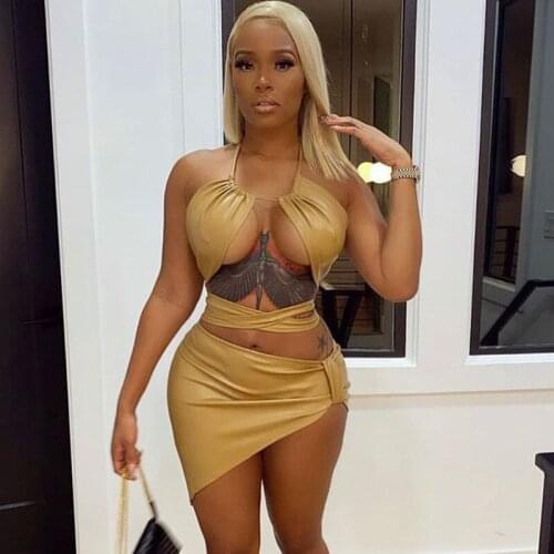 Wsevypo Sexy PU Leather Vest and Skirts Suits Summer Clubwear Streetwear Womens Halter Wrap Bustiers Tube Tops+Mini Skirts