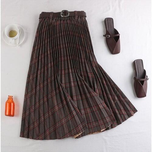 Chic contrast color plaid high waist women skirt A-line belt skirt ladies Casual autumn winter Folds skirt 2020 new Midi skirt