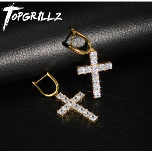 TOPGRILLZ Micro Paved Cross Full Bling Iced Out Earring Cubic Zircon Gold Silver Color Charm Stud Earrings Hip Hop Jewelry