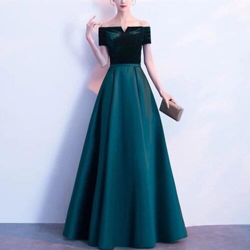 2020 Sexy Dark Green Boat Neck A-Line Evening Dress Short Sleeves Lace Up Formal Dress Robe de soiree vestido de noche LE4004