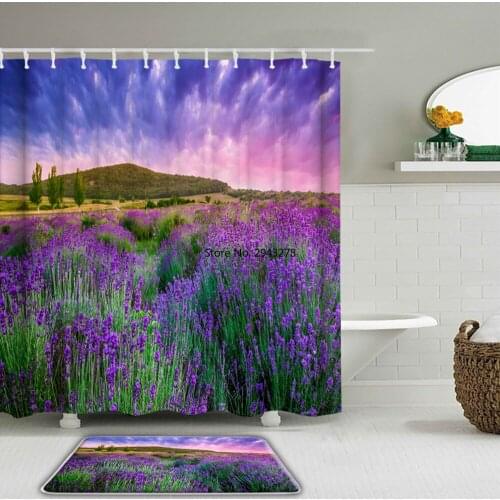 3D Natural Scenery Lavender Flowers Fabric Waterproof Shower Curtain Set Bathroom Curtains Set Non-Slip Toilet Rug and Bath Mat