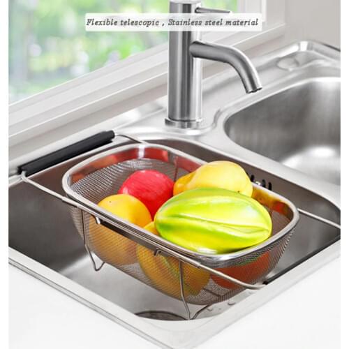 Retractable Drain Basket Rubber Grip Handle Stainless Steel Oval Colander Sink Vegetables Draining Rack Drain washing basket