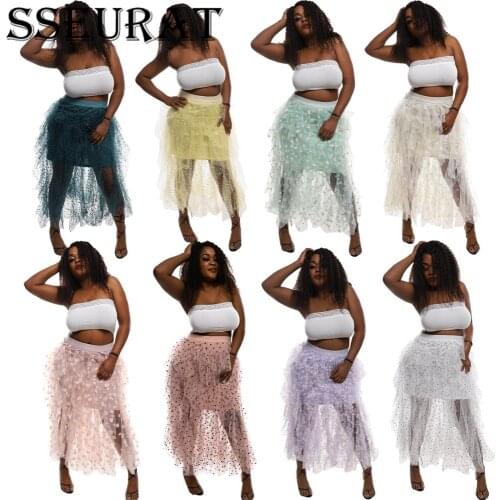 SSEURAT Fashion Woman Skirts 2021 Women Spring Elastic High Waist Long Mesh Skirt Womens Pleated Skirt