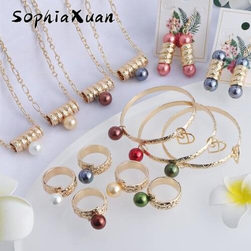 High Quality Hawaiian Jewelry Sets Multicolor Pearl Ring Bracelets Earrings Necklace Sets Gift Set For Girls Woman Accessories