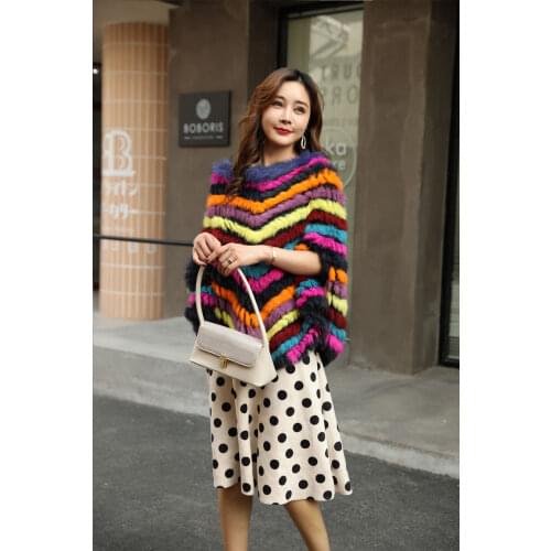 Genuine real natural womens knitted rabbit fur shawl with raccoon fur collar girls multi-color colorfull all-match pullover
