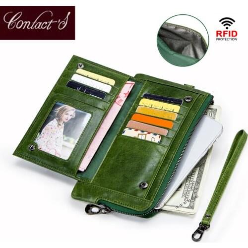 Contacts Genuine Leather Women Wallets Long Design RFID Zipper Coin Purse Big Capacity Clutch Wallet Fashion Carteira Feminina