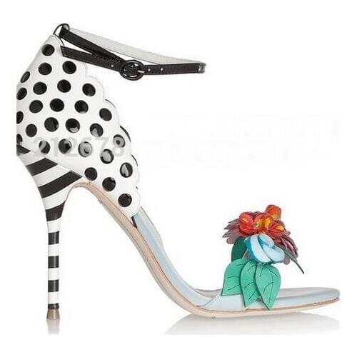 Sestito Lady 3D Flower Cover High Heels Dress Wedding Shoes Woman Peep Toe Dot Print Ankle Strap Sandals Girls Bucle Strap Shoes