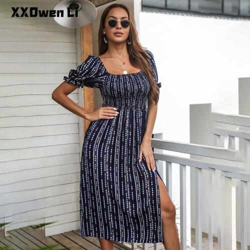 Summer Vintage stripe Print Short Sleeve Midi Dress for Women 2021 Fashion Sexy Off Shoulder Lantern Sleeve Slim Woman Dresses