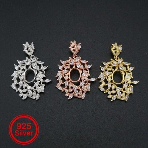 1Pcs 8x10MM Oval Prong Pendant Settings Big Flower Leaf Rose Gold Plated Solid 925 Sterling Silver Charm Bezel Tray1421129