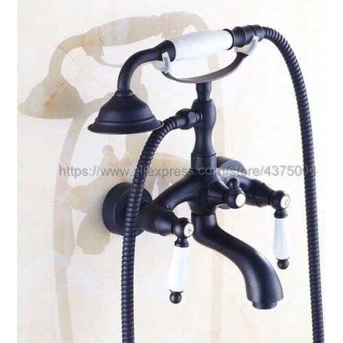 Black Oil Rubbed Brass Wall Mount Telephone Euro Bath Tub Faucet Mixer Tap w/ Handheld Spray Shower Ntf551