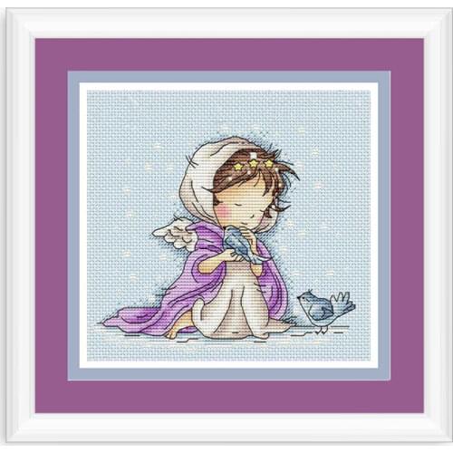 Fishxx Cross Stitch Kits E1121 Snowy Little Girl Cute Cartoon Character Light Blue Embroidered Fabric Hand Sewing
