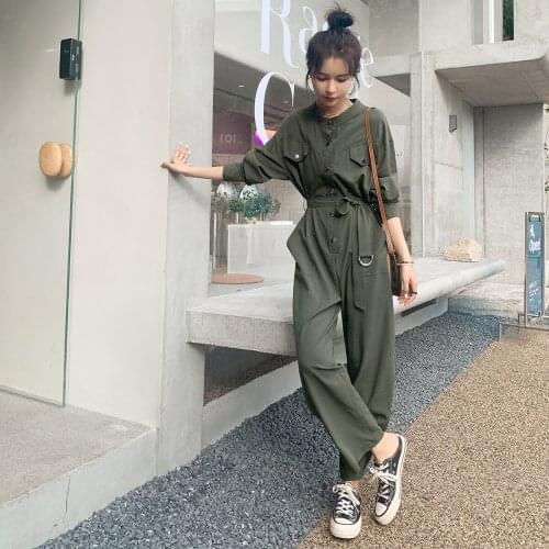 Women Long Sleeve Army Green Jumpsuit Spring Fall Female Streetwear Hiphop Loose Casual Belt One Piece Cargo Pants Overalls Q008
