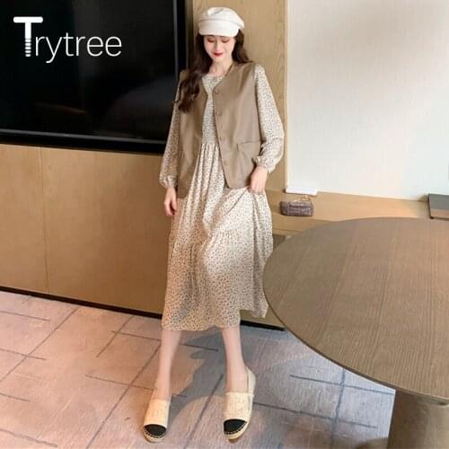 Trytree 2020 Autumn Casual two piece Women Sets Elasitc Bust Waist Puff Sleeve Print Silky Zipper Dress + PU Vest 2 Piece Set