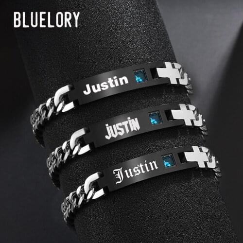 Bluelory Punk Thick Chain Stainless Steel Men Name Bracelets Personalized Blue Stone Engrave Name Date For Lovers Custom Jewelry