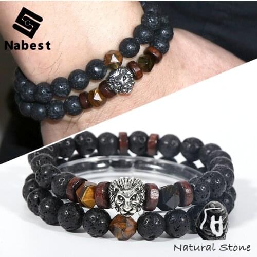 Men Natural Stone Bracelet Faces Tiger Eye Lava Rock Obsidian Hematite Lion Charm 2 Layers Fashion Wrist Chain Jewelry