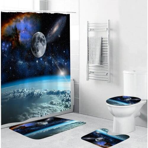 Cosmic Space Pattern Shower Curtain Set Bath Mats Rugs Planet Clouds Toilet Cover Anti-slip Carpet Bathroom Curtains Home Decor