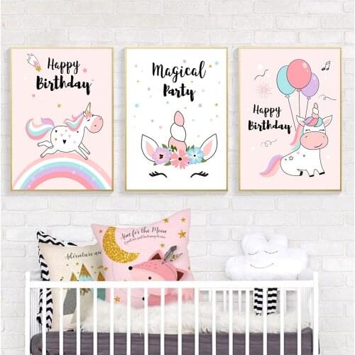 Pink Flower Rainbow Wall Art Print Balloon Unicorn Canvas Painting Nursery Wall Art Poster Birthday Gift Picture Girl Room Decor