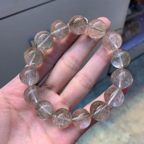 Natural Silver Rutilated Quartz Crystal Bracelet Clear Round Beads 13mm 14mm 15mm Women Men Brazil Fashion Brazil Rare AAAAA
