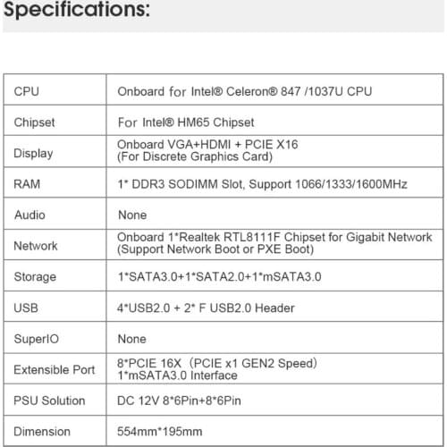 New BTC-D37 Miner Motherboard CPU 847/1037U Set 8 Video Card Slot DDR3 Memory Integrated VGA Interface Low Power Cons
