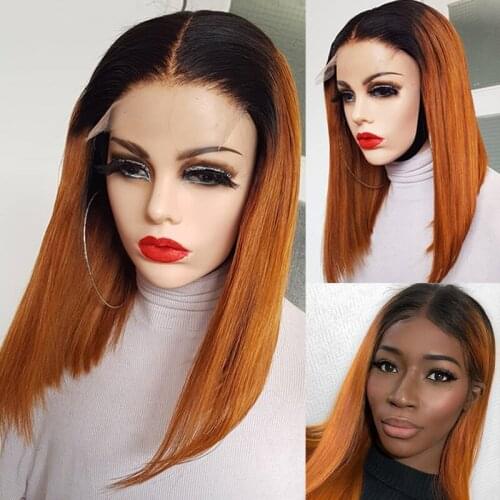 Ginger Orange Lace Front Human Hair Wigs Ombre Color Straight Bob Brazilian Remy Closure Wig For Women T Part Lace Wig 180