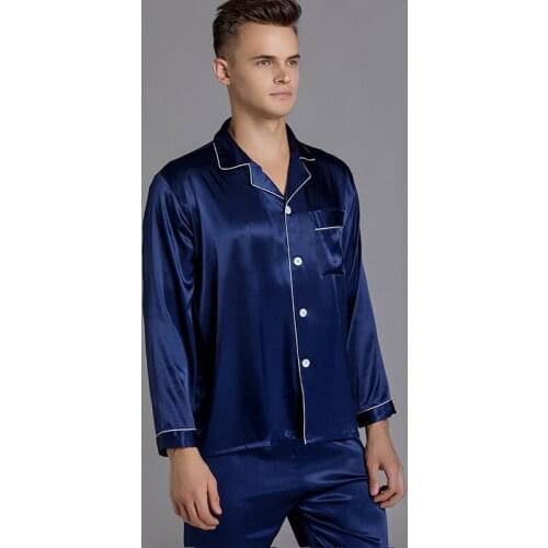 Men Silk Sleepwear Set sexy pajamas for men pijama hombre invierno Winter Man Pajamas Navy Solid Color Homewear
