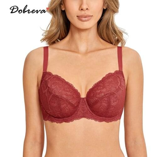DOBREVA Womens Plus Size See Through Full Coverage Underwire Bra Unlined Minimizer Lace Bralette
