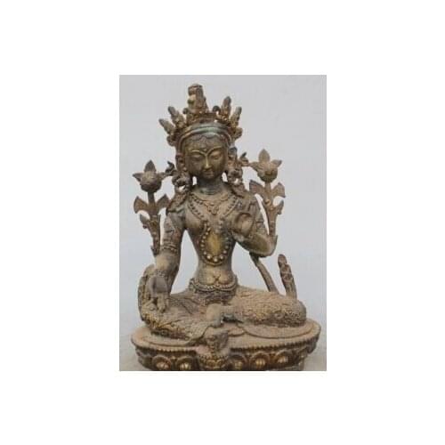 RHS0008 11" Old Tibet Buddhism Temple Bronze Green Tara Kwan-Yin Goddess Buddha Statue