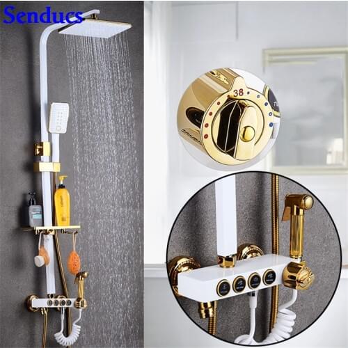 Senducs White Gold Thermostatic Shower Set with Fashion Brass Bath Bidet Thermostatic Bathroom Faucet 8 Inch Rain Shower System