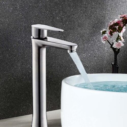 Bathroom Vessel Sink Faucet Brushed Nickel Bowl Tall Body Single Handle One Hole Deck Mount Stainless Steel Lavatory Commercial