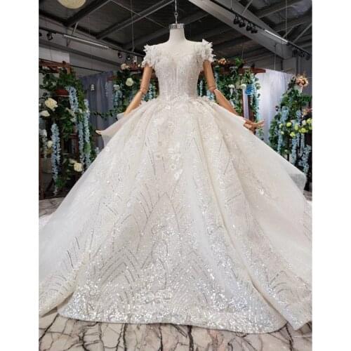 BGW HT42323 Princess Wedding Dress With Train O-neck Flowers Cap Sleeves Lace Up Back Bridal Gowns For Girl Robe De Mariee Fleur