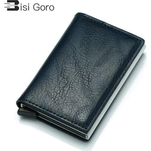 BISI GORO 2021 Business Credit Card Holder Men And Women Metal RFID Vintage Aluminium Box Crazy Horse new PU Leather Card Wallet