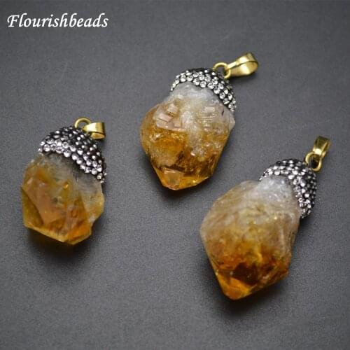 Paved Black Crystal Beads Natural Citrine Point Rough Stone Pendants