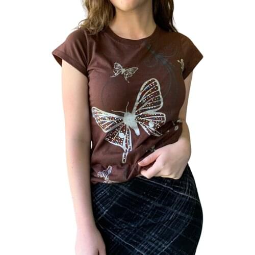 Y2K 2021 Womens Casual Short Sleeve T-shirt Fashion Butterfly Printing Slim Fit Pullover Tops