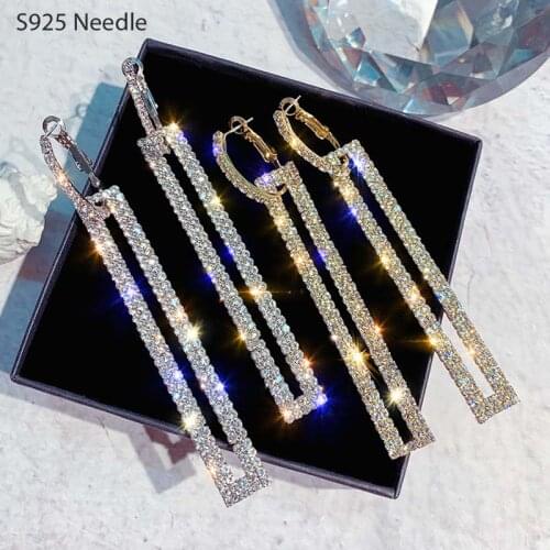 925 Sterling Silver Needle Long Dangle Drop Earrings for Women Jewelry Statement Shining Rectangular Punk Rock Female Earrings