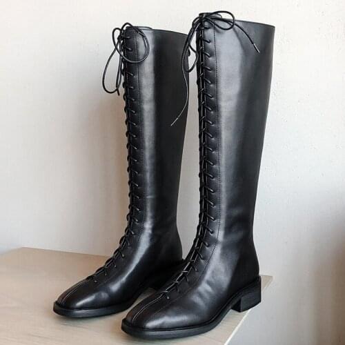 2020 New Cow genuine leather boots women square high heels lace up winter boots ladies knight knee high snow boots