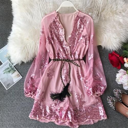 2021 Spring Summer V Neck rompers Embroidery Sequined Jumpsuit Casual Sexy Women Long Sleeve Playsuit Elegant Tie Romper
