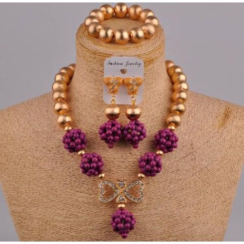 Dubai Gold African Bead Necklace Purple Jewelry Set Nigeria Bride Wedding Dress Accessories