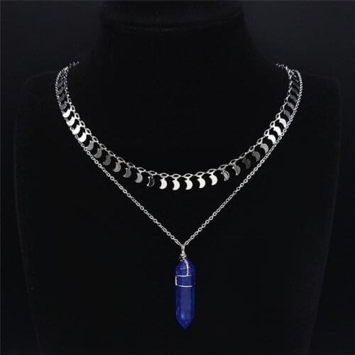 2PCS Stainless Steel Blue Tendon Charm Necklaces Witchcraft Chain Necklaces Divination Hexagonal Prism Jewelry bijoux NZ35S04