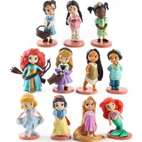 Disney 11pcs Moana Snow White Merida Princess Action Figures Mulan Mermaid Tiana Jasmine Doll Anime Figurines Kid Toy model gift