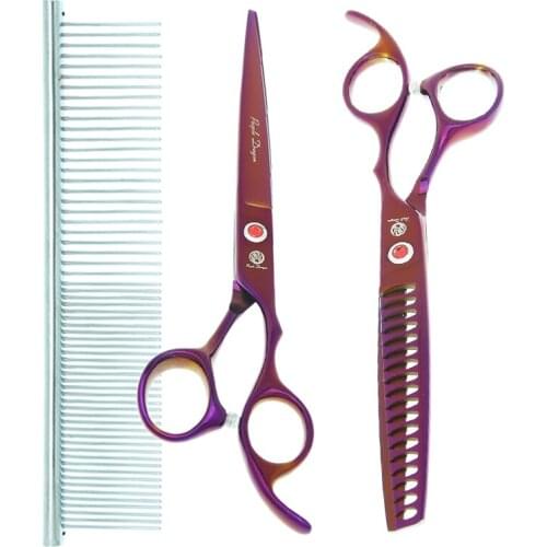 Purple Dragon 7 inch Dog Scissors Pet Grooming Shears Straight Curved Cutting Shears Fish Bone Thinning Trimming Clipper B0021B