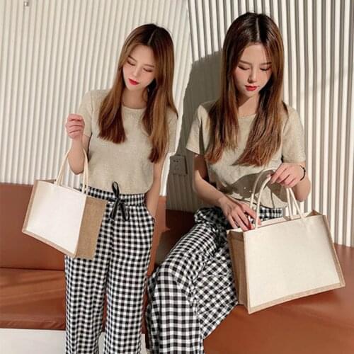 M68C Burlap Tote Bag with Sturdy Handle Reuseable Jute Handbag for Wedding Favors Daily Use Travel Beach Storage Organizer