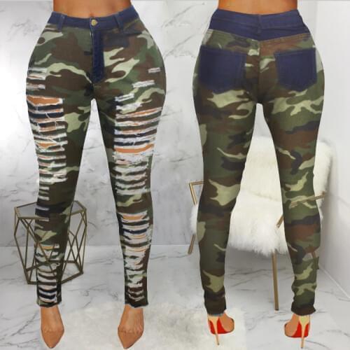 Camouflage Plus Size Hole Denim Pants Women Autumn Skinny Trousers High Waist Stretch Bodycon Pants