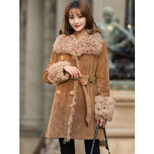 CT931 Winter Women Warm Real Sheep Fur Coat Jacket Lady Genuine Pig Split Skin Leisure Girl Long Fur Coats Overcoat