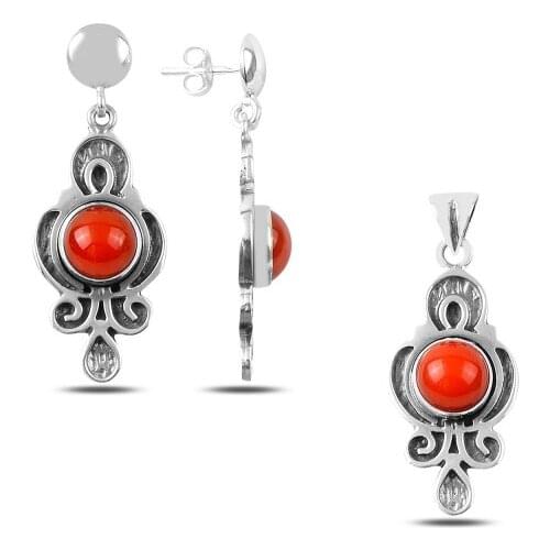 Kutaydan Coral Stone Handwork 925 Sterling Silver Set Made in Turkey