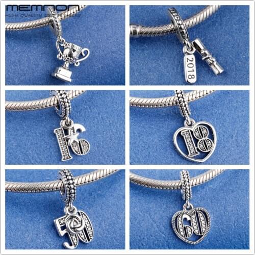 Mothers day 925 sterling silver Graduation Scroll Achievement Trophy Hanging 16 18 50 60 Years of Love charms fit bracelet DIY