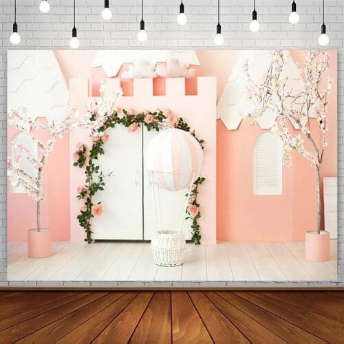 Pink Hot Air Balloon Backdrops Girl Birthday Floral Cloud White Wooden Floor Photography Background Photo Studio Photozone Props
