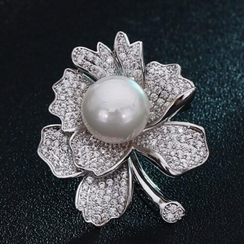 Zlxgirl Cubic Zircon wedding flower brooches jewelry for women gifts fashion brooch &pendant copper hijab accessory pearl brooch