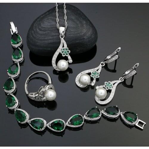 925 Sterling Silver Jewelry Sets Green Flower White Pearl Beads For Bride Earrings Pendant Necklace Water Drop Bracelet Ring
