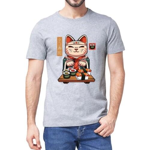 Unisex 100% Cotton Cat Master Chef Make Sushi Japanese Food Funny Summer Mens Novelty Short Sleeve T-Shirt Women Casual Tee